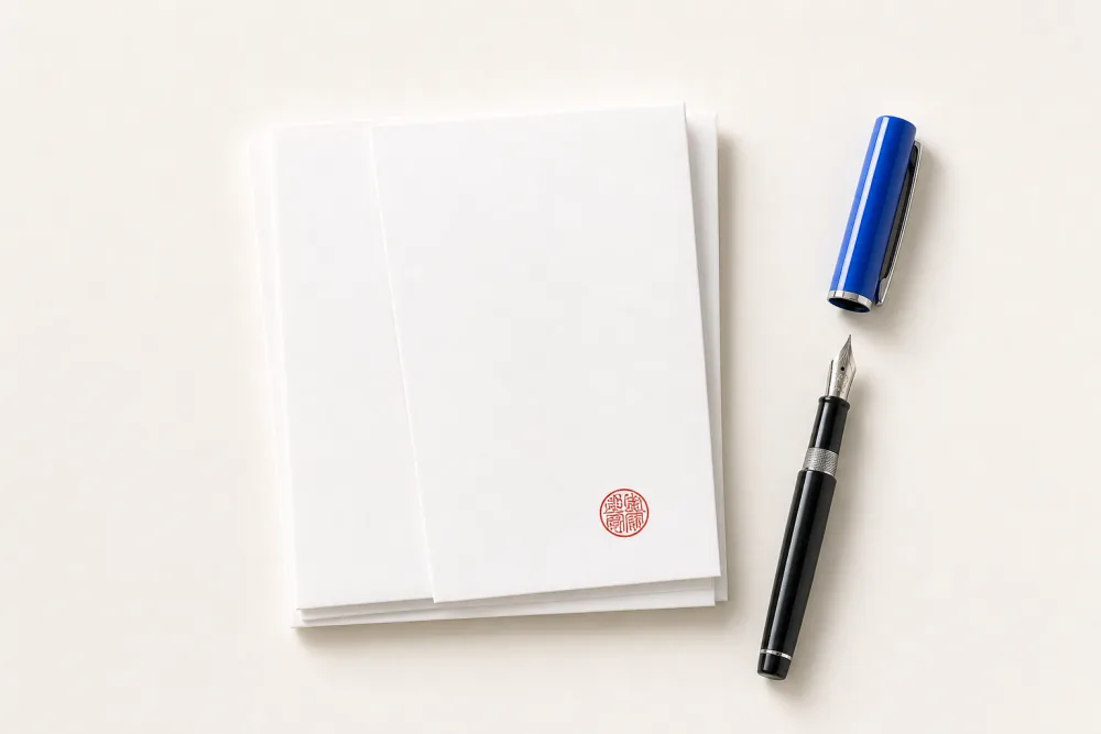 Neatly stacked Japanese documents with a red hanko seal beside a fountain pen.