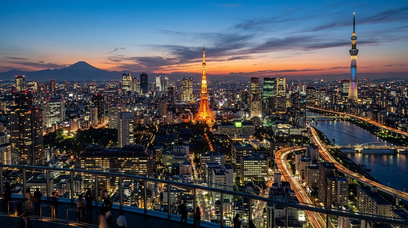 A scenic view of metropolitan Tokyo during the day under a clear blue sky.